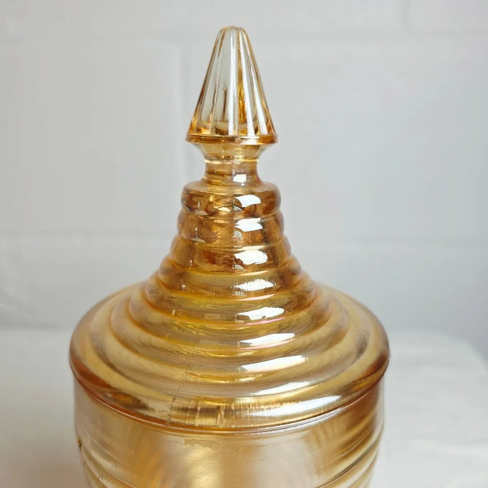 Vintage Marigold Carnival Glass Ribbed Beehive Lidded Candy Dish Footed Jar MCM
